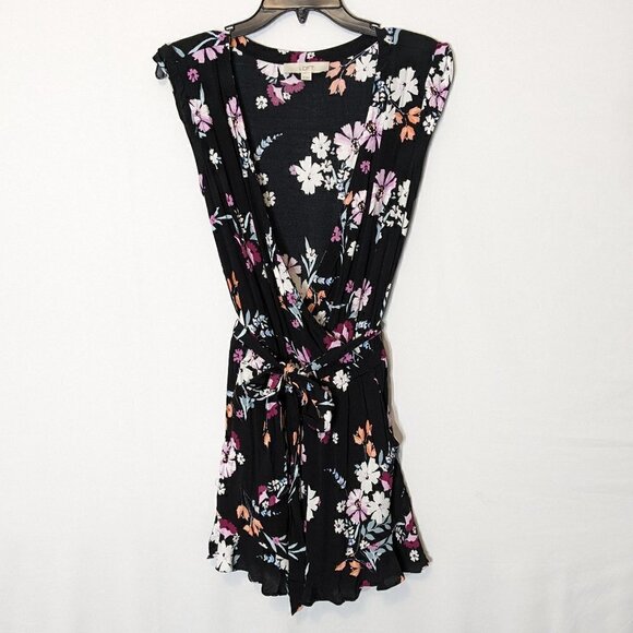 Women's LOFT, Black/Pink Floral, Faux Wrap, Chiffon Short Romper; Size XS - Picture 1 of 5